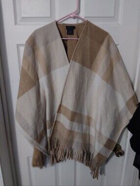 RACHEL Rachel Roy Cream and Tan Fringed Poncho